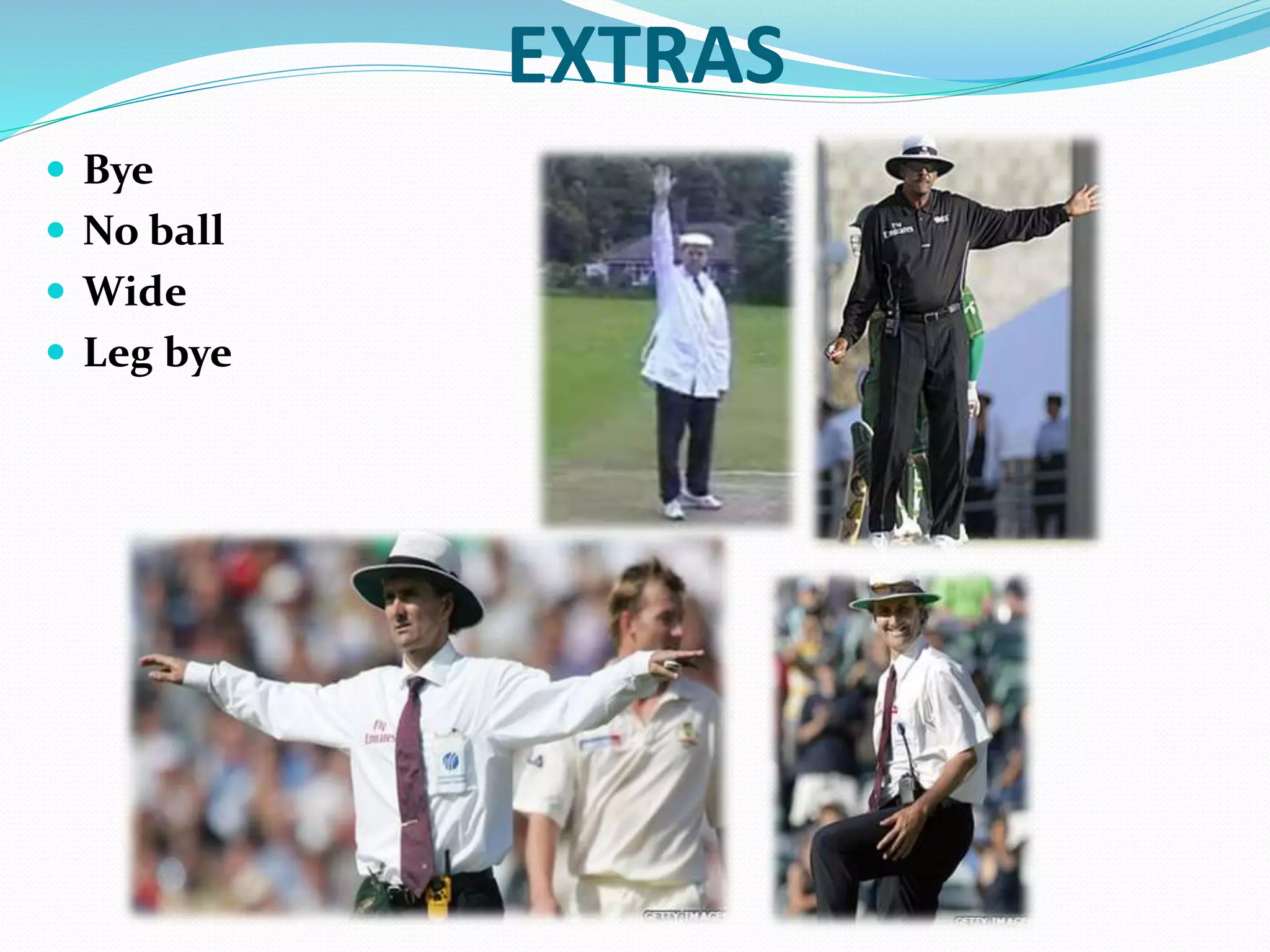 EXTRAS
 Bye
 No ball
 Wide
 Leg bye
 