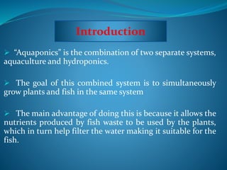  “Aquaponics” is the combination of two separate systems,
aquaculture and hydroponics.
 The goal of this combined system is to simultaneously
grow plants and fish in the same system
 The main advantage of doing this is because it allows the
nutrients produced by fish waste to be used by the plants,
which in turn help filter the water making it suitable for the
fish.
Introduction
 
