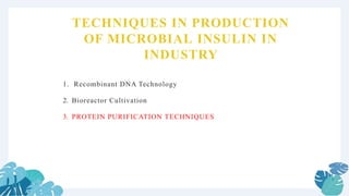 TECHNIQUES IN PRODUCTION
OF MICROBIAL INSULIN IN
INDUSTRY
1. Recombinant DNA Technology
2. Bioreactor Cultivation
3. PROTEIN PURIFICATION TECHNIQUES
 