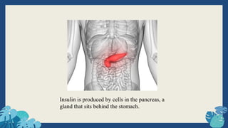 Insulin is produced by cells in the pancreas, a
gland that sits behind the stomach.
 