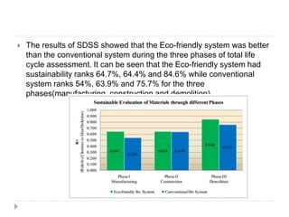  The results of SDSS showed that the Eco-friendly system was better
than the conventional system during the three phases of total life
cycle assessment. It can be seen that the Eco-friendly system had
sustainability ranks 64.7%, 64.4% and 84.6% while conventional
system ranks 54%, 63.9% and 75.7% for the three
phases(manufacturing, construction and demolition).
 