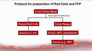 Heavy spin,4o
C(within 6 hrs)
Fresh Whole Blood
Packed Red Cells
Stored in 1- 6o
C
Fresh Plasma
Freeze -80o
C immediately
Stored at < -18o
C
Protocol for preparation of Red Cells and FFP1.
 