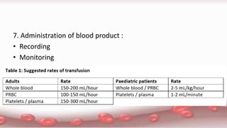 7. Administration of blood product :
• Recording
• Monitoring
 