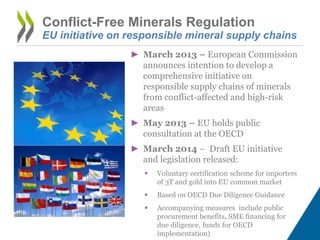 Conflict-Free Minerals Regulation
► March 2013 – European Commission
announces intention to develop a
comprehensive initiative on
responsible supply chains of minerals
from conflict-affected and high-risk
areas
► May 2013 – EU holds public
consultation at the OECD
► March 2014 – Draft EU initiative
and legislation released:
 Voluntary certification scheme for importers
of 3T and gold into EU common market
 Based on OECD Due Diligence Guidance
 Accompanying measures include public
procurement benefits, SME financing for
due diligence, funds for OECD
implementation)
EU initiative on responsible mineral supply chains
 