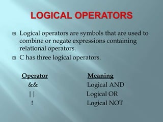 Logical operators are symbols that are used to
combine or negate expressions containing
relational operators.
 C has three logical operators.
Operator Meaning
&& Logical AND
|| Logical OR
! Logical NOT
 