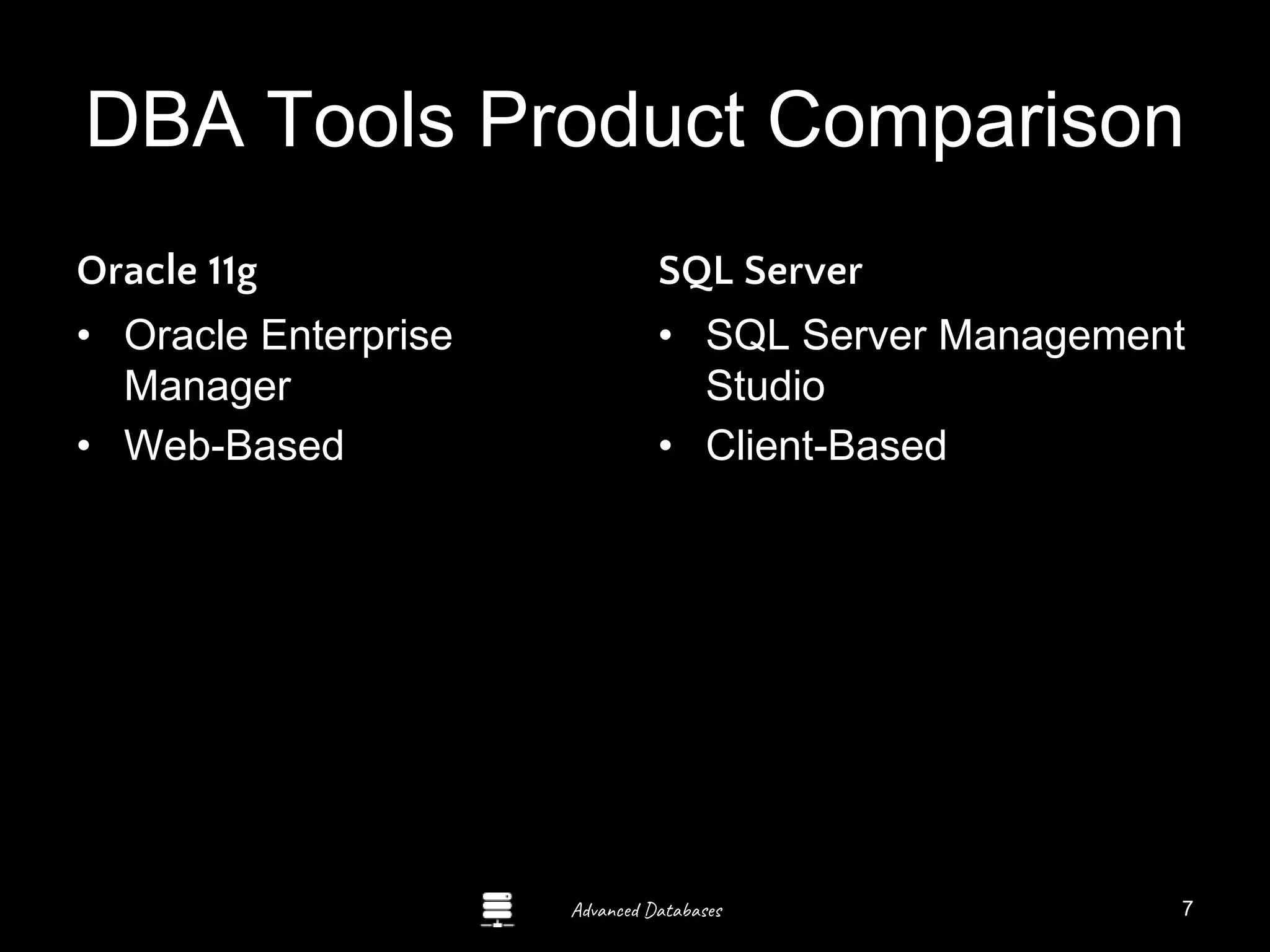 Advanced Databases
DBA Tools Product Comparison
Oracle 11g
• Oracle Enterprise
Manager
• Web-Based
SQL Server
• SQL Server Management
Studio
• Client-Based
Guide to Oracle 10g
7
 