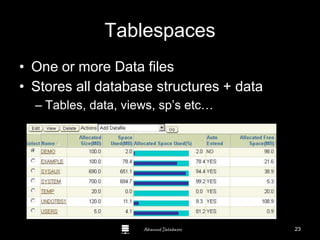 Advanced Databases
Tablespaces
• One or more Data files
• Stores all database structures + data
– Tables, data, views, sp’s etc…
Guide to Oracle 10g
23
 