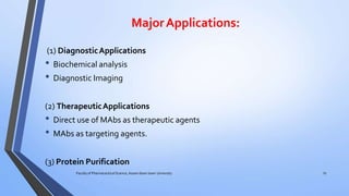 MajorApplications:
15Faculty of Pharmaceutical Science, Assam down town University
(1) DiagnosticApplications
• Biochemical analysis
• Diagnostic Imaging
(2) TherapeuticApplications
• Direct use of MAbs as therapeutic agents
• MAbs as targeting agents.
(3) Protein Purification
 