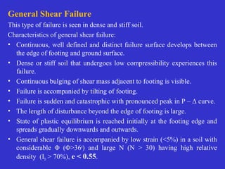 General Shear Failure
This type of failure is seen in dense and stiff soil.
Characteristics of general shear failure:
• Continuous, well defined and distinct failure surface develops between
the edge of footing and ground surface.
• Dense or stiff soil that undergoes low compressibility experiences this
failure.
• Continuous bulging of shear mass adjacent to footing is visible.
• Failure is accompanied by tilting of footing.
• Failure is sudden and catastrophic with pronounced peak in P – Δ curve.
• The length of disturbance beyond the edge of footing is large.
• State of plastic equilibrium is reached initially at the footing edge and
spreads gradually downwards and outwards.
• General shear failure is accompanied by low strain (<5%) in a soil with
considerable Φ (Φ>36o
) and large N (N > 30) having high relative
density (ID > 70%), e < 0.55.
 