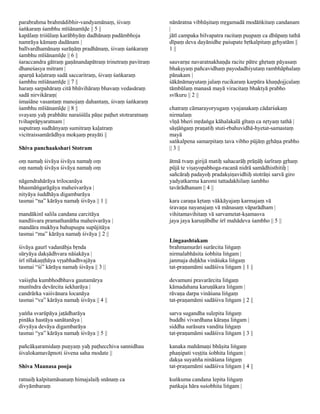 parabrahma brahmādibhir-vandyamānaṃ, śivaṃ               nānāratna vibhūṣitaṃ mṛgamadā modāṅkitaṃ candanam
śaṅkaraṃ śambhu mīśānamīḍe || 5 ||                       |
kapālaṃ triśūlaṃ karābhyāṃ dadhānaṃ padāmbhoja           jātī campaka bilvapatra racitaṃ puṣpaṃ ca dhūpaṃ tathā
namrāya kāmaṃ dadānam |                                  dīpaṃ deva dayānidhe paśupate hṛtkalpitaṃ gṛhyatām ||
balīvardhamānaṃ surāṇāṃ pradhānaṃ, śivaṃ śaṅkaraṃ        1 ||
śambhu mīśānamīḍe || 6 ||
śaraccandra gātraṃ gaṇānandapātraṃ trinetraṃ pavitraṃ    sauvarṇe navaratnakhaṇḍa racite pātre ghṛtaṃ pāyasaṃ
dhaneśasya mitram |                                      bhakṣyaṃ pañcavidhaṃ payodadhiyutaṃ rambhāphalaṃ
aparṇā kaḷatraṃ sadā saccaritraṃ, śivaṃ śaṅkaraṃ         pānakam |
śambhu mīśānamīḍe || 7 ||                                śākānāmayutaṃ jalaṃ rucikaraṃ karpūra khaṇḍojjcalaṃ
haraṃ sarpahāraṃ citā bhūvihāraṃ bhavaṃ vedasāraṃ        tāmbūlaṃ manasā mayā viracitaṃ bhaktyā prabho
sadā nirvikāraṃ|                                         svīkuru || 2 ||
śmaśāne vasantaṃ manojaṃ dahantaṃ, śivaṃ śaṅkaraṃ
śambhu mīśānamīḍe || 8 ||                                chatraṃ cāmarayoryugaṃ vyajanakaṃ cādarśakaṃ
svayaṃ yaḥ prabhāte naraśśūla pāṇe paṭhet stotraratnaṃ   nirmalaṃ
tvihaprāpyaratnam |                                      vīṇā bheri mṛdaṅga kāhalakalā gītaṃ ca nṛtyaṃ tathā |
suputraṃ sudhānyaṃ sumitraṃ kaḷatraṃ                     sāṣṭāṅgaṃ praṇatiḥ stuti-rbahuvidhā-hyetat-samastaṃ
vicitraissamārādhya mokṣaṃ prayāti ||                    mayā
                                                         saṅkalpena samarpitaṃ tava vibho pūjāṃ gṛhāṇa prabho
Shiva panchaakshari Stotram                              || 3 ||

oṃ namaḥ śivāya śivāya namaḥ oṃ                          ātmā tvaṃ girijā matiḥ sahacarāḥ prāṇāḥ śarīraṃ gṛhaṃ
oṃ namaḥ śivāya śivāya namaḥ oṃ                          pūjā te viṣayopabhoga-racanā nidrā samādhisthitiḥ |
                                                         sañcāraḥ padayoḥ pradakṣiṇavidhiḥ stotrāṇi sarvā giro
nāgendrahārāya trilocanāya                               yadyatkarma karomi tattadakhilaṃ śambho
bhasmāṅgarāgāya maheśvarāya |                            tavārādhanam || 4 ||
nityāya śuddhāya digambarāya
tasmai “na” kārāya namaḥ śivāya || 1 ||                  kara caraṇa kṛtaṃ vākkāyajaṃ karmajaṃ vā
                                                         śravaṇa nayanajaṃ vā mānasaṃ vāparādham |
mandākinī salila candana carcitāya                       vihitamavihitaṃ vā sarvametat-kṣamasva
nandīśvara pramathanātha maheśvarāya |                   jaya jaya karuṇābdhe śrī mahādeva śambho || 5 ||
mandāra mukhya bahupuṣpa supūjitāya
tasmai “ma” kārāya namaḥ śivāya || 2 ||
                                                         Lingaashtakam
śivāya gaurī vadanābja bṛnda                             brahmamurāri surārcita liṅgaṃ
sūryāya dakṣādhvara nāśakāya |                           nirmalabhāsita śobhita liṅgam |
śrī nīlakaṇṭhāya vṛṣabhadhvajāya                         janmaja duḥkha vināśaka liṅgaṃ
tasmai “śi” kārāya namaḥ śivāya || 3 ||                  tat-praṇamāmi sadāśiva liṅgam || 1 ||

vaśiṣṭha kumbhodbhava gautamārya                         devamuni pravarārcita liṅgaṃ
munīndra devārcita śekharāya |                           kāmadahana karuṇākara liṅgam |
candrārka vaiśvānara locanāya                            rāvaṇa darpa vināśana liṅgaṃ
tasmai “va” kārāya namaḥ śivāya || 4 ||                  tat-praṇamāmi sadāśiva liṅgam || 2 ||

yaṅña svarūpāya jaṭādharāya                              sarva sugandha sulepita liṅgaṃ
pināka hastāya sanātanāya |                              buddhi vivardhana kāraṇa liṅgam |
divyāya devāya digambarāya                               siddha surāsura vandita liṅgaṃ
tasmai “ya” kārāya namaḥ śivāya || 5 ||                  tat-praṇamāmi sadāśiva liṅgam || 3 ||

pañcākṣaramidaṃ puṇyaṃ yaḥ paṭhecchiva sannidhau         kanaka mahāmaṇi bhūṣita liṅgaṃ
śivalokamavāpnoti śivena saha modate ||                  phaṇipati veṣṭita śobhita liṅgam |
                                                         dakṣa suyaṅña nināśana liṅgaṃ
Shiva Maanasa pooja                                      tat-praṇamāmi sadāśiva liṅgam || 4 ||

ratnaiḥ kalpitamāsanaṃ himajalaiḥ snānaṃ ca              kuṅkuma candana lepita liṅgaṃ
divyāmbaraṃ                                              paṅkaja hāra suśobhita liṅgam |
 