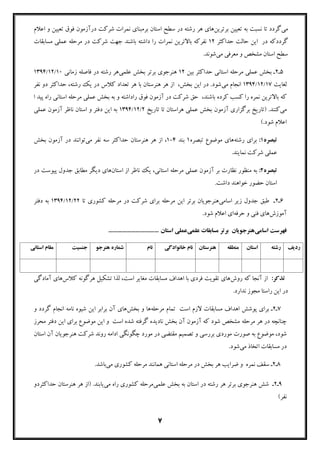 7
‫ﻣﯽ‬‫ﺑﺮﺗﺮﯾﻦ‬ ‫ﺗﻌﯿﯿﻦ‬ ‫ﺑﻪ‬ ‫ﻧﺴﺒﺖ‬ ‫ﺗﺎ‬ ‫ﮔﺮدد‬‫ﻫﺎي‬‫ﻫﺮ‬‫و‬ ‫ﺗﻌﯿﯿﻦ‬ ‫ﻓﻮق‬ ‫درآزﻣﻮن‬ ‫ﺷﺮﮐﺖ‬ ‫ﻧﻤﺮات‬ ‫ﺑﺮﻣﺒﻨﺎي‬ ‫اﺳﺘﺎن‬ ‫ﺳﻄﺢ‬ ‫در‬ ‫رﺷﺘﻪ‬‫اﻋﻼم‬
‫در‬ ‫ﮔﺮددﮐﻪ‬‫ﺣﺪاﮐﺜﺮ‬ ‫ﺣﺎﻟﺖ‬ ‫اﯾﻦ‬12‫ﺑﺎﺷﻨﺪ‬ ‫داﺷﺘﻪ‬ ‫را‬ ‫ﻧﻤﺮات‬ ‫ﺑﺎﻻﺗﺮﯾﻦ‬ ‫ﻧﻔﺮﮐﻪ‬‫ﻣﺴﺎﺑﻘﺎت‬ ‫ﻋﻤﻠﯽ‬ ‫ﻣﺮﺣﻠﻪ‬ ‫در‬ ‫ﺷﺮﮐﺖ‬ ‫ﺟﻬﺖ‬
‫ﻣﻌﺮﻓﯽ‬ ‫و‬ ‫ﻣﺸﺨﺺ‬ ‫اﺳﺘﺎن‬ ‫ﺳﻄﺢ‬‫ﻣﯽ‬.‫ﺷﻮﻧﺪ‬
5‫ـ‬2‫ﺑﯿﻦ‬ ‫ﺣﺪاﮐﺜﺮ‬ ‫اﺳﺘﺎﻧﯽ‬ ‫ﻣﺮﺣﻠﻪ‬ ‫ﻋﻤﻠﯽ‬ ‫ﺑﺨﺶ‬ ‫ـ‬12‫ﻋﻠ‬ ‫ﺑﺨﺶ‬ ‫ﺑﺮﺗﺮ‬ ‫ﻫﻨﺮﺟﻮي‬‫ﻤﯽ‬‫زﻣﺎﻧﯽ‬ ‫ﻓﺎﺻﻠﻪ‬ ‫در‬ ‫رﺷﺘﻪ‬ ‫ﻫﺮ‬10/12/1394
‫ﻟﻐﺎﯾﺖ‬17/12/1394‫اﻧﺠﺎم‬‫ﻣﯽ‬‫رﺷﺘﻪ‬ ‫ﯾﮏ‬ ‫در‬ ‫ﮐﻼس‬ ‫ﺗﻌﺪاد‬ ‫ﻫﺮ‬ ‫ﺑﺎ‬ ‫ﻫﻨﺮﺳﺘﺎن‬ ‫ﻫﺮ‬ ‫از‬ ،‫ﺑﺨﺶ‬ ‫اﯾﻦ‬ ‫در‬ .‫ﺷﻮد‬،‫ﺣﺪاﮐﺜﺮ‬‫ﻧﻔﺮ‬ ‫دو‬
‫ﺑﺎﺷﻨﺪ‬ ‫ﮐﺮده‬ ‫ﮐﺴﺐ‬ ‫را‬ ‫ﻧﻤﺮه‬ ‫ﺑﺎﻻﺗﺮﯾﻦ‬ ‫ﮐﻪ‬،‫ا‬ ‫ﭘﯿﺪ‬ ‫راه‬ ‫اﺳﺘﺎﻧﯽ‬ ‫ﻣﺮﺣﻠﻪ‬ ‫ﻋﻤﻠﯽ‬ ‫ﺑﺨﺶ‬ ‫ﺑﻪ‬ ‫و‬ ‫راداﺷﺘﻪ‬ ‫ﻓﻮق‬ ‫آزﻣﻮن‬ ‫در‬ ‫ﺷﺮﮐﺖ‬ ‫ﺣﻖ‬
‫ﻣﯽ‬.‫ﮐﻨﻨﺪ‬)‫آزﻣﻮن‬ ‫ﺑﺮﮔﺰاري‬ ‫ﺗﺎرﯾﺦ‬‫ﺗﺎرﯾﺦ‬ ‫ﺗﺎ‬ ‫ﻫﺮاﺳﺘﺎن‬ ‫ﻋﻤﻠﯽ‬ ‫ﺑﺨﺶ‬2/12/1394‫ﻋﻤﻠﯽ‬ ‫آزﻣﻮن‬ ‫ﻧﺎﻇﺮ‬ ‫اﺳﺘﺎن‬ ‫و‬ ‫دﻓﺘﺮ‬ ‫اﯾﻦ‬ ‫ﺑﻪ‬
.‫ﺷﻮد‬ ‫اﻋﻼم‬(
‫ﺗﺒﺼﺮه‬1:‫رﺷﺘﻪ‬ ‫ﺑﺮاي‬‫ﺗﺒﺼﺮه‬ ‫ﻣﻮﺿﻮع‬ ‫ﻫﺎي‬1‫ﺑﻨﺪ‬4-1‫ﻣﯽ‬ ‫ﻧﻔﺮ‬ ‫ﺳﻪ‬ ‫ﺣﺪاﮐﺜﺮ‬ ‫ﻫﻨﺮﺳﺘﺎن‬ ‫ﻫﺮ‬ ‫از‬ ،‫ﺑﺨﺶ‬ ‫آزﻣﻮن‬ ‫در‬ ‫ﺗﻮاﻧﻨﺪ‬
.‫ﻧﻤﺎﯾﻨﺪ‬ ‫ﺷﺮﮐﺖ‬ ‫ﻋﻤﻠﯽ‬
‫ﺗﺒﺼﺮه‬2:‫اﺳﺘﺎن‬ ‫از‬ ‫ﻧﺎﻇﺮ‬ ‫ﯾﮏ‬ ،‫اﺳﺘﺎﻧﯽ‬ ‫ﻣﺮﺣﻠﻪ‬ ‫ﻋﻤﻠﯽ‬ ‫آزﻣﻮن‬ ‫ﺑﺮ‬ ‫ﻧﻈﺎرت‬ ‫ﻣﻨﻈﻮر‬ ‫ﺑﻪ‬‫ﭘﯿﻮﺳﺖ‬ ‫ﺟﺪول‬ ‫ﻣﻄﺎﺑﻖ‬ ‫دﯾﮕﺮ‬ ‫ﻫﺎي‬‫در‬
.‫داﺷﺖ‬ ‫ﺧﻮاﻫﻨﺪ‬ ‫ﺣﻀﻮر‬ ‫اﺳﺘﺎن‬
6‫ـ‬2‫ﺟﺪول‬ ‫ﻃﺒﻖ‬ ‫ـ‬‫اﺳﺎ‬ ‫زﯾﺮ‬‫ﻣﯽ‬‫ﺗﺎ‬ ‫ﮐﺸﻮري‬ ‫ﻣﺮﺣﻠﻪ‬ ‫در‬ ‫ﺷﺮﮐﺖ‬ ‫ﺑﺮاي‬ ‫ﻣﺮﺣﻠﻪ‬ ‫اﯾﻦ‬ ‫ﺑﺮﺗﺮ‬ ‫ﻫﻨﺮﺟﻮﯾﺎن‬22/12/1394‫دﻓﺘﺮ‬ ‫ﺑﻪ‬
‫آﻣﻮزش‬‫ﺣﺮﻓﻪ‬ ‫و‬ ‫ﻓﻨﯽ‬ ‫ﻫﺎي‬.‫ﺷﻮد‬ ‫اﻋﻼم‬ ‫اي‬
‫اﺳﺎ‬ ‫ﻓﻬﺮﺳﺖ‬‫ﻣﯽ‬‫ﻋﻠ‬ ‫ﻣﺴﺎﺑﻘﺎت‬ ‫ﺑﺮﺗﺮ‬ ‫ﻫﻨﺮﺟﻮﯾﺎن‬‫ﻤﯽ‬‫اﺳﺘﺎن‬ ‫ﻋﻤﻠﯽ‬……………………………
:‫ﺗﺬﮐﺮ‬‫روش‬ ‫ﮐﻪ‬ ‫آﻧﺠﺎ‬ ‫از‬‫ﮐﻼس‬ ‫ﻫﺮﮔﻮﻧﻪ‬ ‫ﺗﺸﮑﯿﻞ‬ ‫ﻟﺬا‬ ،‫اﺳﺖ‬ ‫ﻣﻐﺎﯾﺮ‬ ‫ﻣﺴﺎﺑﻘﺎت‬ ‫اﻫﺪاف‬ ‫ﺑﺎ‬ ‫ﻓﺮدي‬ ‫ﺗﻘﻮﯾﺖ‬ ‫ﻫﺎي‬‫آﻣﺎدﮔﯽ‬ ‫ﻫﺎي‬
.‫ﻧﺪارد‬ ‫ﻣﺠﻮز‬ ‫راﺳﺘﺎ‬ ‫اﯾﻦ‬ ‫در‬
7‫ـ‬2‫ﻣﺮﺣﻠﻪ‬ ‫ﺗﻤﺎم‬ ‫اﺳﺖ‬ ‫ﻻزم‬ ‫ﻣﺴﺎﺑﻘﺎت‬ ‫اﻫﺪاف‬ ‫ﭘﻮﺷﺶ‬ ‫ﺑﺮاي‬ ‫ـ‬‫ﺑﺨﺶ‬ ‫و‬ ‫ﻫﺎ‬‫ﺑﺮ‬ ‫آن‬ ‫ﻫﺎي‬‫ا‬ ‫ﻧﺎﻣﻪ‬ ‫ﺷﯿﻮه‬ ‫اﯾﻦ‬ ‫اﺑﺮ‬‫و‬ ‫ﮔﺮدد‬ ‫ﻧﺠﺎم‬
‫ﻣﺮﺣﻠﻪ‬ ‫ﻫﺮ‬ ‫در‬ ‫ﭼﻨﺎﻧﭽﻪ‬‫ا‬ ‫ﺑﺮاي‬ ‫ﻣﻮﺿﻮع‬ ‫اﯾﻦ‬ ‫و‬ ‫اﺳﺖ‬ ‫ﺷﺪه‬ ‫ﮔﺮﻓﺘﻪ‬ ‫ﻧﺎدﯾﺪه‬ ‫ﺑﺨﺶ‬ ‫آن‬ ‫آزﻣﻮن‬ ‫ﮐﻪ‬ ‫ﺷﻮد‬ ‫ﻣﺸﺨﺺ‬‫ﻣﺤﺮز‬ ‫دﻓﺘﺮ‬ ‫ﯾﻦ‬
‫ﺻﻮرت‬ ‫ﺑﻪ‬ ‫ﻣﻮﺿﻮع‬ ،‫ﺷﻮد‬‫اﺳﺘﺎن‬ ‫آن‬ ‫ﻫﻨﺮﺟﻮﯾﺎن‬ ‫ﺷﺮﮐﺖ‬ ‫روﻧﺪ‬ ‫اداﻣﻪ‬ ‫ﭼﮕﻮﻧﮕﯽ‬ ‫ﻣﻮرد‬ ‫در‬ ‫ﻣﻘﺘﻀﯽ‬ ‫ﺗﺼﻤﯿﻢ‬ ‫و‬ ‫ﺑﺮرﺳﯽ‬ ‫ﻣﻮردي‬
‫ﻣﯽ‬ ‫اﺗﺨﺎذ‬ ‫ﻣﺴﺎﺑﻘﺎت‬ ‫در‬.‫ﺷﻮد‬
8‫ـ‬2‫ـ‬‫ﻣﯽ‬ ‫ﮐﺸﻮري‬ ‫ﻣﺮﺣﻠﻪ‬ ‫ﻫﻤﺎﻧﻨﺪ‬ ‫اﺳﺘﺎﻧﯽ‬ ‫ﻣﺮﺣﻠﻪ‬ ‫در‬ ‫ﺑﺨﺶ‬ ‫ﻫﺮ‬ ‫ﺿﺮاﯾﺐ‬ ‫و‬ ‫ﻧﻤﺮه‬ ‫ﺳﻘﻒ‬.‫ﺑﺎﺷﺪ‬
9‫ـ‬2‫ﻋﻠ‬ ‫ﺑﺨﺶ‬ ‫ﺑﻪ‬ ‫اﺳﺘﺎن‬ ‫در‬ ‫رﺷﺘﻪ‬ ‫ﻫﺮ‬ ‫ﺑﺮﺗﺮ‬ ‫ﻫﻨﺮﺟﻮي‬ ‫ﺷﺶ‬ ‫ـ‬‫ﻤﯽ‬‫راه‬ ‫ﮐﺸﻮري‬ ‫ﻣﺮﺣﻠﻪ‬‫ﻣﯽ‬‫ﺣﺪاﮐﺜﺮدو‬ ‫ﻫﻨﺮﺳﺘﺎن‬ ‫ﻫﺮ‬ ‫)از‬ .‫ﯾﺎﺑﻨﺪ‬
(‫ﻧﻔﺮ‬
‫ردﯾﻒ‬‫رﺷﺘﻪ‬‫اﺳﺘﺎن‬‫ﻣﻨﻄﻘﻪ‬‫ﻫﻨﺮﺳﺘﺎن‬‫ﺧﺎﻧﻮادﮔﯽ‬ ‫ﻧﺎم‬‫ﻧﺎم‬‫ﻫﻨﺮﺟﻮ‬ ‫ﺷﻤﺎره‬‫ﺟﻨﺴﯿﺖ‬‫اﺳﺘﺎﻧﯽ‬ ‫ﻣﻘﺎم‬
 