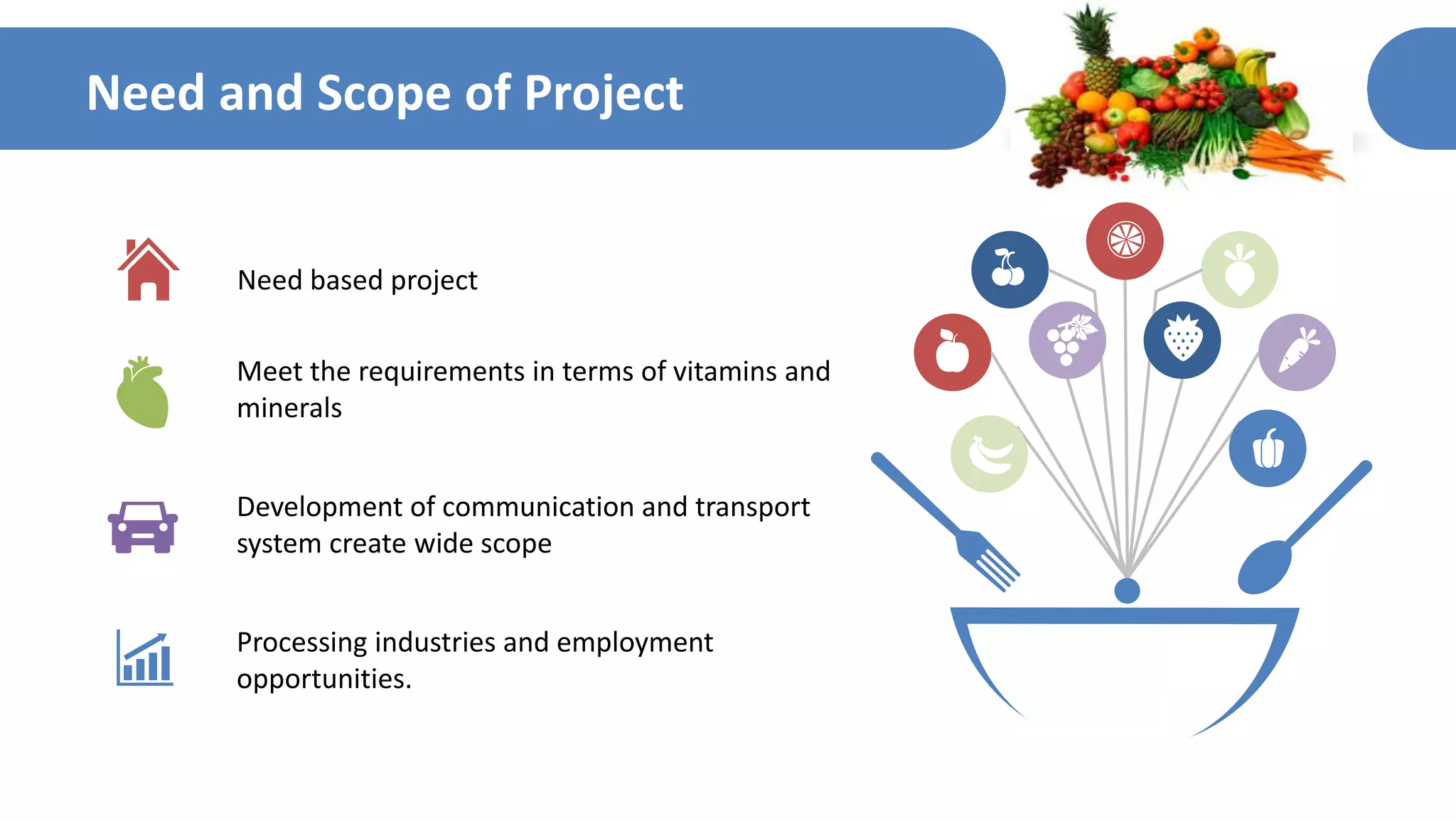 Need and Scope of Project
Need based project
Meet the requirements in terms of vitamins and
minerals
Development of communication and transport
system create wide scope
Processing industries and employment
opportunities.
 