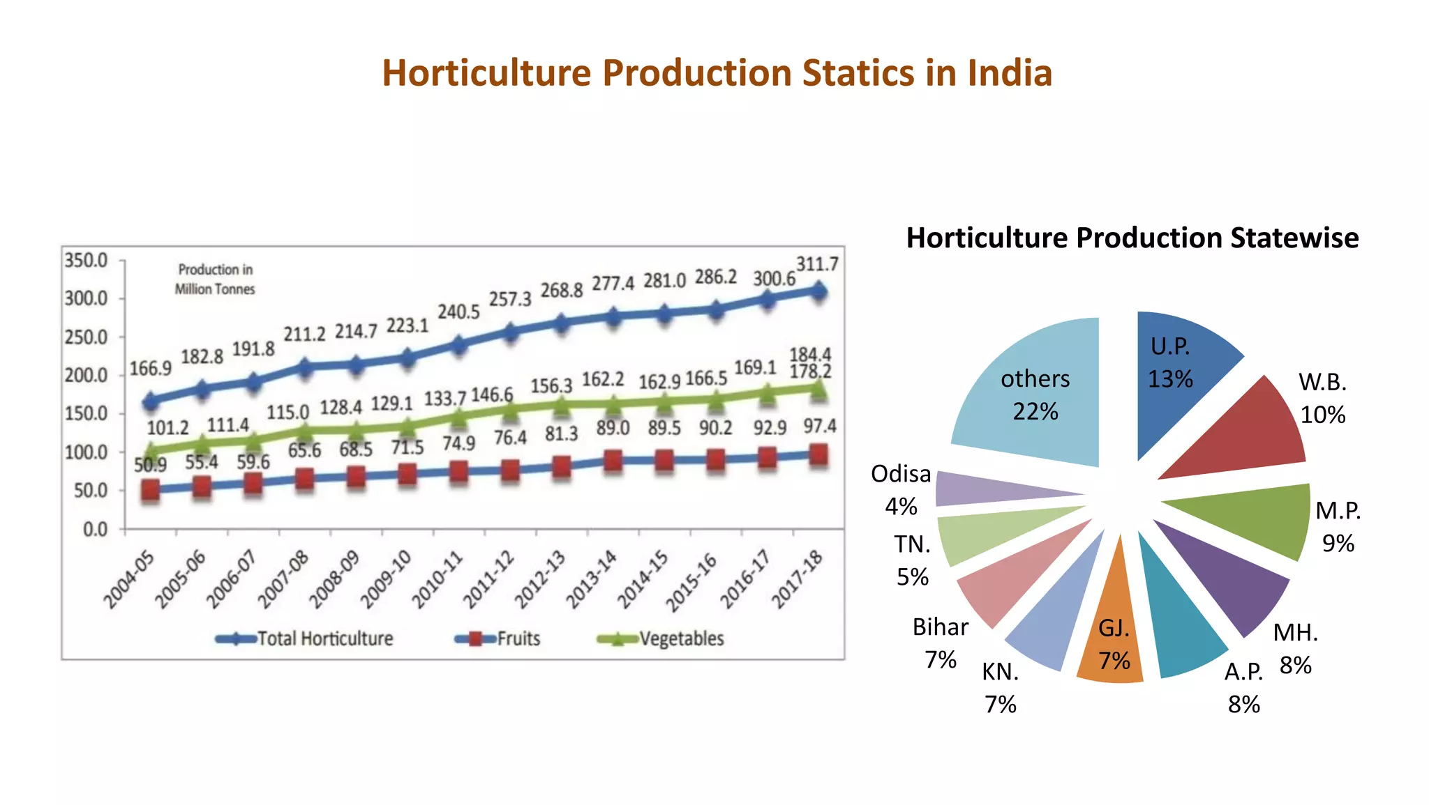 Horticulture Production Statics in India
U.P.
13% W.B.
10%
M.P.
9%
MH.
8%A.P.
8%
GJ.
7%KN.
7%
Bihar
7%
TN.
5%
Odisa
4%
others
22%
Horticulture Production Statewise
 