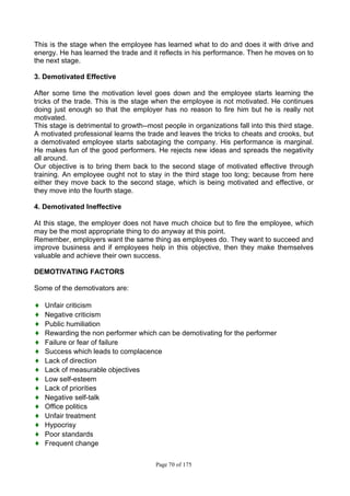 Page 70 of 175
This is the stage when the employee has learned what to do and does it with drive and
energy. He has learned the trade and it reflects in his performance. Then he moves on to
the next stage.
3. Demotivated Effective
After some time the motivation level goes down and the employee starts learning the
tricks of the trade. This is the stage when the employee is not motivated. He continues
doing just enough so that the employer has no reason to fire him but he is really not
motivated.
This stage is detrimental to growth--most people in organizations fall into this third stage.
A motivated professional learns the trade and leaves the tricks to cheats and crooks, but
a demotivated employee starts sabotaging the company. His performance is marginal.
He makes fun of the good performers. He rejects new ideas and spreads the negativity
all around.
Our objective is to bring them back to the second stage of motivated effective through
training. An employee ought not to stay in the third stage too long; because from here
either they move back to the second stage, which is being motivated and effective, or
they move into the fourth stage.
4. Demotivated Ineffective
At this stage, the employer does not have much choice but to fire the employee, which
may be the most appropriate thing to do anyway at this point.
Remember, employers want the same thing as employees do. They want to succeed and
improve business and if employees help in this objective, then they make themselves
valuable and achieve their own success.
DEMOTIVATING FACTORS
Some of the demotivators are:
♦ Unfair criticism
♦ Negative criticism
♦ Public humiliation
♦ Rewarding the non performer which can be demotivating for the performer
♦ Failure or fear of failure
♦ Success which leads to complacence
♦ Lack of direction
♦ Lack of measurable objectives
♦ Low self-esteem
♦ Lack of priorities
♦ Negative self-talk
♦ Office politics
♦ Unfair treatment
♦ Hypocrisy
♦ Poor standards
♦ Frequent change
 