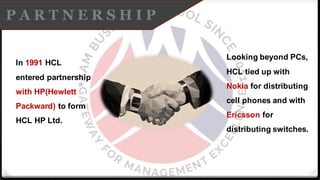 In 1991 HCL
entered partnership
with HP(Hewlett
Packward) to form
HCL HP Ltd.
Looking beyond PCs,
HCL tied up with
Nokia for distributing
cell phones and with
Ericsson for
distributing switches.
P A R T N E R S H I P
 