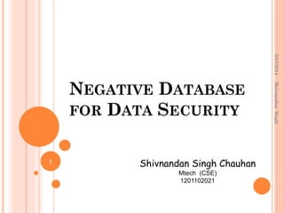 NEGATIVE DATABASE
FOR DATA SECURITY
Shivnandan Singh Chauhan
Mtech (CSE)
1201102021
5/27/2014
1
ShivnandanSingh
 
