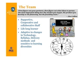 The Team
“First figure out your partners, then figure out what ideas to pursue.
The most important thing isn't the market you target, the product you
develop or the financing, but the founding team.”
                                                           – Jim Collins

•  Supportive,
   Cooperative and
   collaborative Staff
•  Life long learner
•  Adaptive to changes
   in Technology,
   Syllabus, Delivery
   methods and
   sensitive to learning
   diversities
 