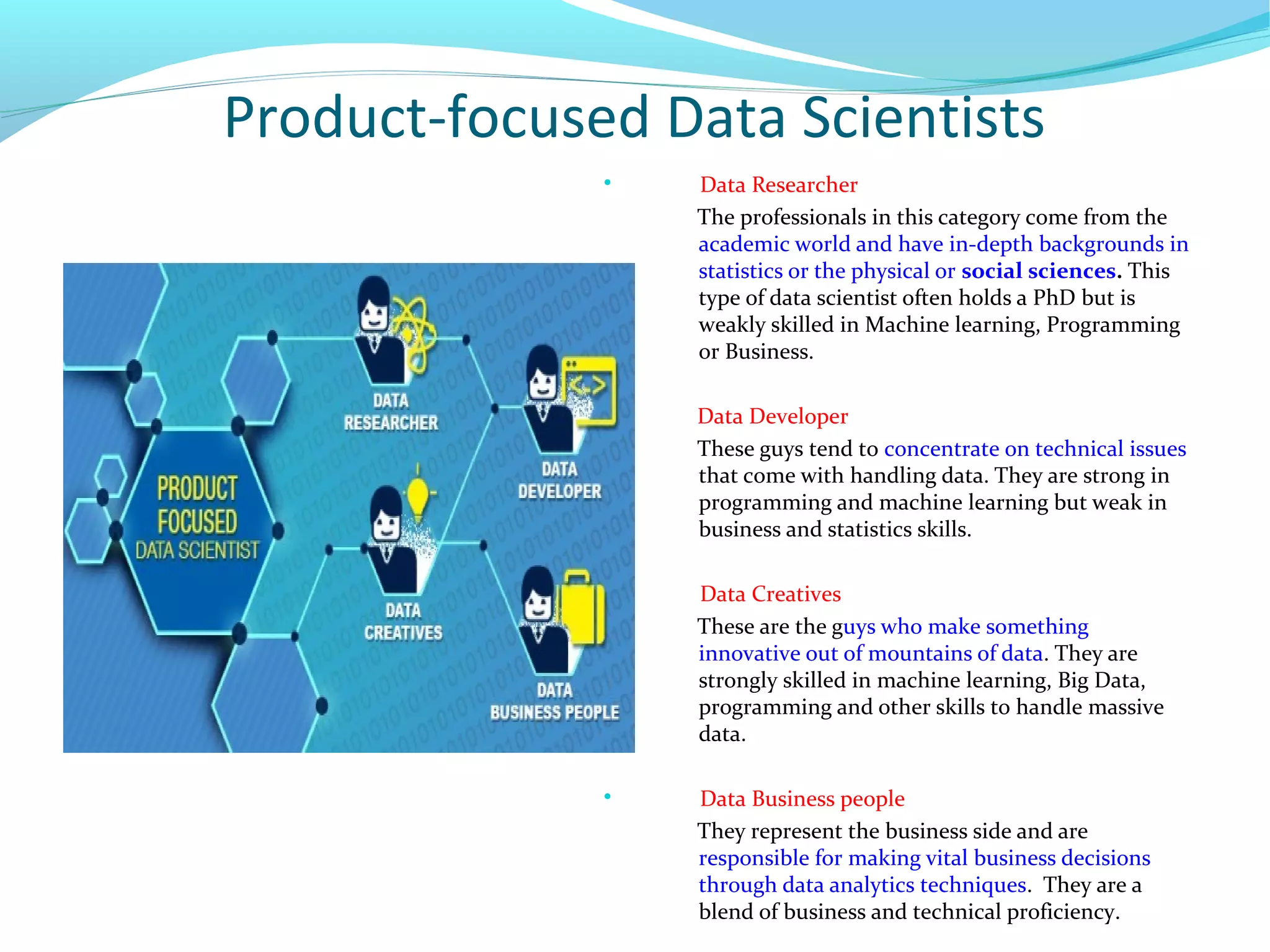 Product-focused Data Scientists

Data Researcher
The professionals in this category come from the
academic world and have in-depth backgrounds in
statistics or the physical or social sciences. This
type of data scientist often holds a PhD but is
weakly skilled in Machine learning, Programming
or Business.
Data Developer
These guys tend to concentrate on technical issues
that come with handling data. They are strong in
programming and machine learning but weak in
business and statistics skills.

Data Creatives
These are the guys who make something
innovative out of mountains of data. They are
strongly skilled in machine learning, Big Data,
programming and other skills to handle massive
data.

Data Business people
They represent the business side and are
responsible for making vital business decisions
through data analytics techniques. They are a
blend of business and technical proficiency.
 