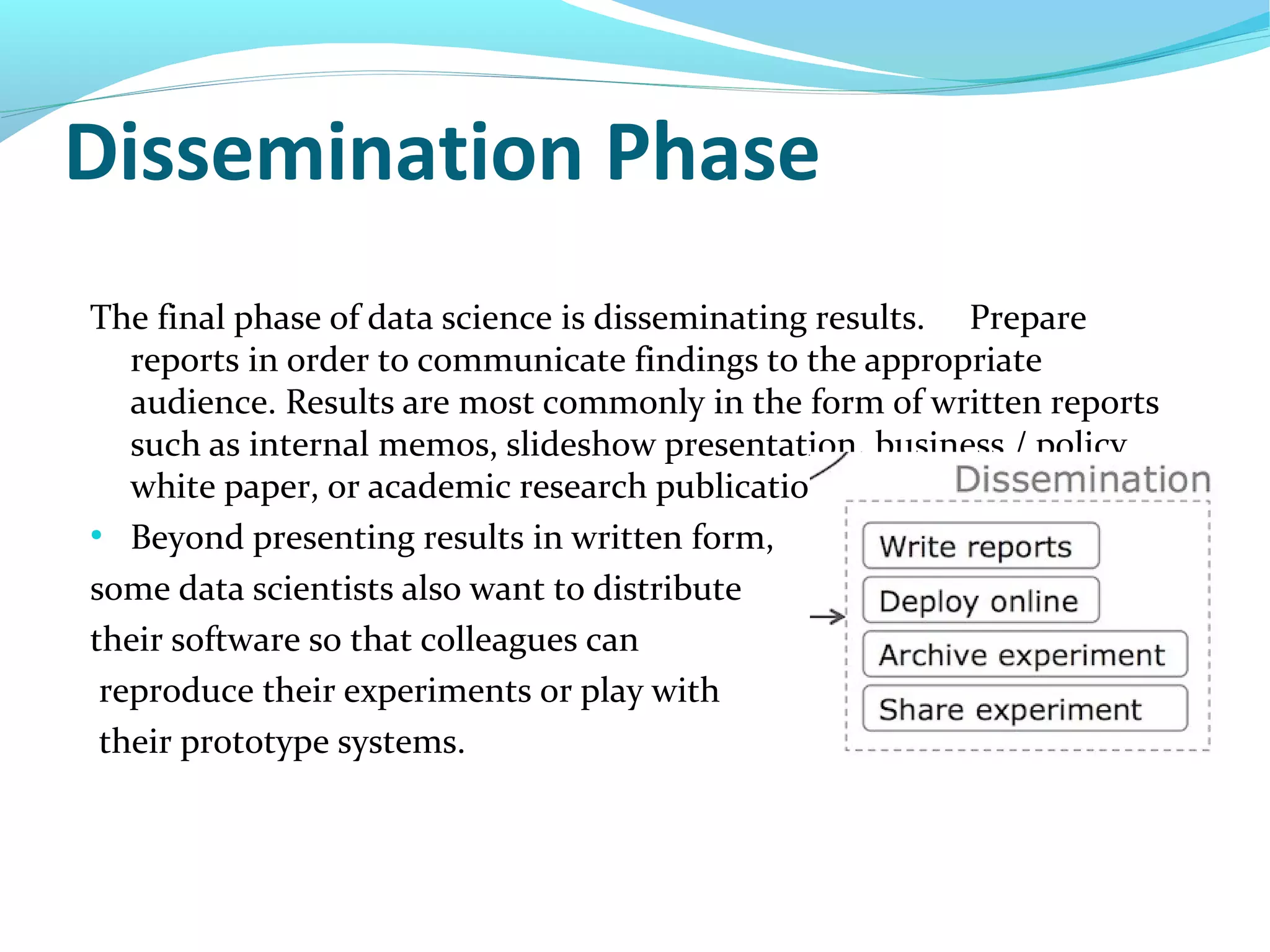 Dissemination Phase
The final phase of data science is disseminating results. Prepare
reports in order to communicate findings to the appropriate
audience. Results are most commonly in the form of written reports
such as internal memos, slideshow presentation, business / policy
white paper, or academic research publications.
●
Beyond presenting results in written form,
some data scientists also want to distribute
their software so that colleagues can
reproduce their experiments or play with
their prototype systems.
 