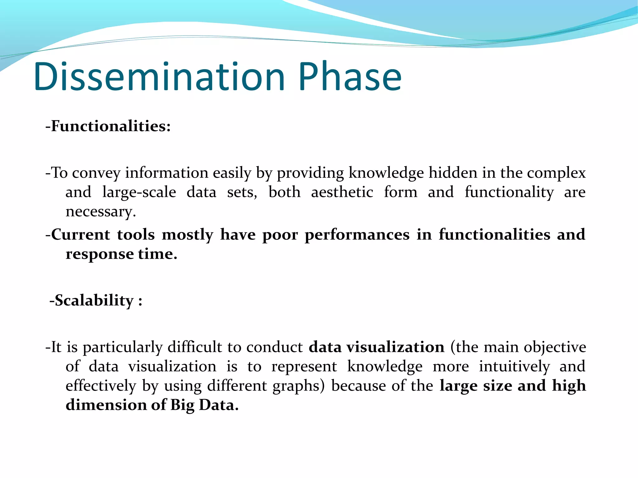 Dissemination Phase
-Functionalities:
-To convey information easily by providing knowledge hidden in the complex
and large-scale data sets, both aesthetic form and functionality are
necessary.
-Current tools mostly have poor performances in functionalities and
response time.
-Scalability :
-It is particularly difficult to conduct data visualization (the main objective
of data visualization is to represent knowledge more intuitively and
effectively by using different graphs) because of the large size and high
dimension of Big Data.
 