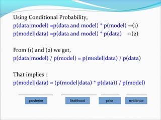 Using Conditional Probability,
p(data|model) =p(data and model) * p(model) --(1)
p(model|data) =p(data and model) * p(data) --(2)
From (1) and (2) we get,
p(data|model) / p(model) = p(model|data) / p(data)
That implies :
p(model|data) = (p(model|data) * p(data)) / p(model)
posterior likelihood prior evidence
 