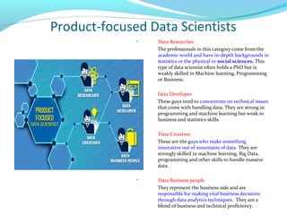 Product-focused Data Scientists

Data Researcher
The professionals in this category come from the
academic world and have in-depth backgrounds in
statistics or the physical or social sciences. This
type of data scientist often holds a PhD but is
weakly skilled in Machine learning, Programming
or Business.
Data Developer
These guys tend to concentrate on technical issues
that come with handling data. They are strong in
programming and machine learning but weak in
business and statistics skills.

Data Creatives
These are the guys who make something
innovative out of mountains of data. They are
strongly skilled in machine learning, Big Data,
programming and other skills to handle massive
data.

Data Business people
They represent the business side and are
responsible for making vital business decisions
through data analytics techniques. They are a
blend of business and technical proficiency.
 