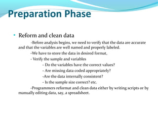 Preparation Phase
●
Reform and clean data
-Before analysis begins, we need to verify that the data are accurate
and that the variables are well named and properly labeled.
-We have to store the data in desired format,
- Verify the sample and variables
- Do the variables have the correct values?
- Are missing data coded appropriately?
-Are the data internally consistent?
- Is the sample size correct? etc.
-Programmers reformat and clean data either by writing scripts or by
manually editing data, say, a spreadsheet.
 