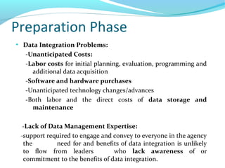 Preparation Phase
●
Data Integration Problems:
-Unanticipated Costs:
-Labor costs for initial planning, evaluation, programming and
additional data acquisition
-Software and hardware purchases
-Unanticipated technology changes/advances
-Both labor and the direct costs of data storage and
maintenance
-Lack of Data Management Expertise:
-support required to engage and convey to everyone in the agency
the need for and benefits of data integration is unlikely
to flow from leaders who lack awareness of or
commitment to the benefits of data integration.
 