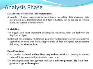 Analysis Phase
-Data inconsistence and incompleteness:
-A number of data preprocessing techniques, including data cleaning, data
integration, data transformation and date reduction, can be applied to remove
noise and correct inconsistencies.
-Scalability:
-The biggest and most important challenge is scalability when we deal with the
Big Data analysis.
-In the last few decades, researchers paid more attentions to accelerate analysis
algorithms to cope with increasing volumes of data and speed up processors
following the Moore’s Law.
-Data Curation:
-Data curation is aimed at data discovery and retrieval, data quality assurance,
value addition, reuse and preservation over time.
-The existing database management tools are unable to process Big Data that
grow so large and complex.
 