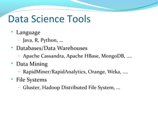 Data Science Tools

Language
− Java, R, Python, ...

Databases/Data Warehouses
− Apache Cassandra, Apache HBase, MongoDB, ....

Data Mining
− RapidMiner/RapidAnalytics, Orange, Weka, ....

File Systems
− Gluster, Hadoop Distributed File System, ...
 