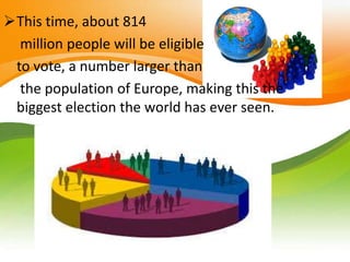 This time, about 814
million people will be eligible
to vote, a number larger than
the population of Europe, making this the
biggest election the world has ever seen.
 