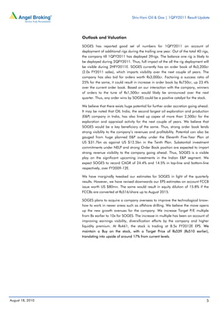 Shiv-Vani Oil & Gas | 1QFY2011 Result Update




                  Outlook and Valuation

                  SOGES has reported good set of numbers for 1QFY2011 on account of
                  deployment of additional rigs during the trailing one year. Out of the total 40 rigs,
                  the company till 1QFY2011 has deployed 39rigs. The balance one rig is likely to
                  be deployed during 2QFY2011. Thus, full impact of the all the rig deployment will
                  be visible during 2HFY2011E. SOGES currently has an order book of Rs3,200cr
                  (2.0x FY2011 sales), which imparts visibility over the next couple of years. The
                  company has also bid for orders worth Rs3,000cr. Factoring a success ratio of
                  25% for the same, it could result in increase in order book by Rs750cr, up 23.4%
                  over the current order book. Based on our interaction with the company, winners
                  of orders to the tune of Rs1,500cr would likely be announced over the next
                  quarter. Thus, any order wins by SOGES could be a positive catalyst for the stock.

                  We believe that there exists huge potential for further order accretion going ahead.
                  It may be noted that OIL India, the second largest oil exploration and production
                  (E&P) company in India, has also lined up capex of more than 2,500cr for the
                  exploration and appraisal activity for the next couple of years. We believe that
                  SOGES would be a key beneficiary of the same. Thus, strong order book lends
                  strong visibility to the company’s revenues and profitability. Potential can also be
                  gauged from huge planned E&P outlay under the Eleventh Five-Year Plan at
                  US $31.7bn as against US $12.5bn in the Tenth Plan. Substantial investment
                  commitments under NELP and strong Order Book position are expected to impart
                  strong revenue visibility to the company going ahead. Thus, SOGES is a visible
                  play on the significant upcoming investments in the Indian E&P segment. We
                  expect SOGES to record CAGR of 24.4% and 14.5% in top-line and bottom-line
                  respectively, over FY2009-12E.

                  We have marginally tweaked our estimates for SOGES in light of the quarterly
                  results. However, we have revised downwards our EPS estimates on account FCCB
                  issue worth US $80mn. The same would result in equity dilution of 15.8% if the
                  FCCBs are converted at Rs516/share up to August 2015.

                  SOGES plans to acquire a company overseas to improve the technological know-
                  how to work in newer areas such as offshore drilling. We believe the move opens
                  up the new growth avenues for the company. We increase Target P/E multiple
                  from 8x earlier to 10x for SOGES. The increase in multiple has been on account of
                  improving earnings visibility, diversification efforts by the company and higher
                  liquidity premium. At Rs461, the stock is trading at 8.5x FY2012E EPS. We
                  maintain a Buy on the stock, with a Target Price of Rs539 (Rs510 earlier),
                  translating into upside of around 17% from current levels.




August 18, 2010                                                                                      5
 