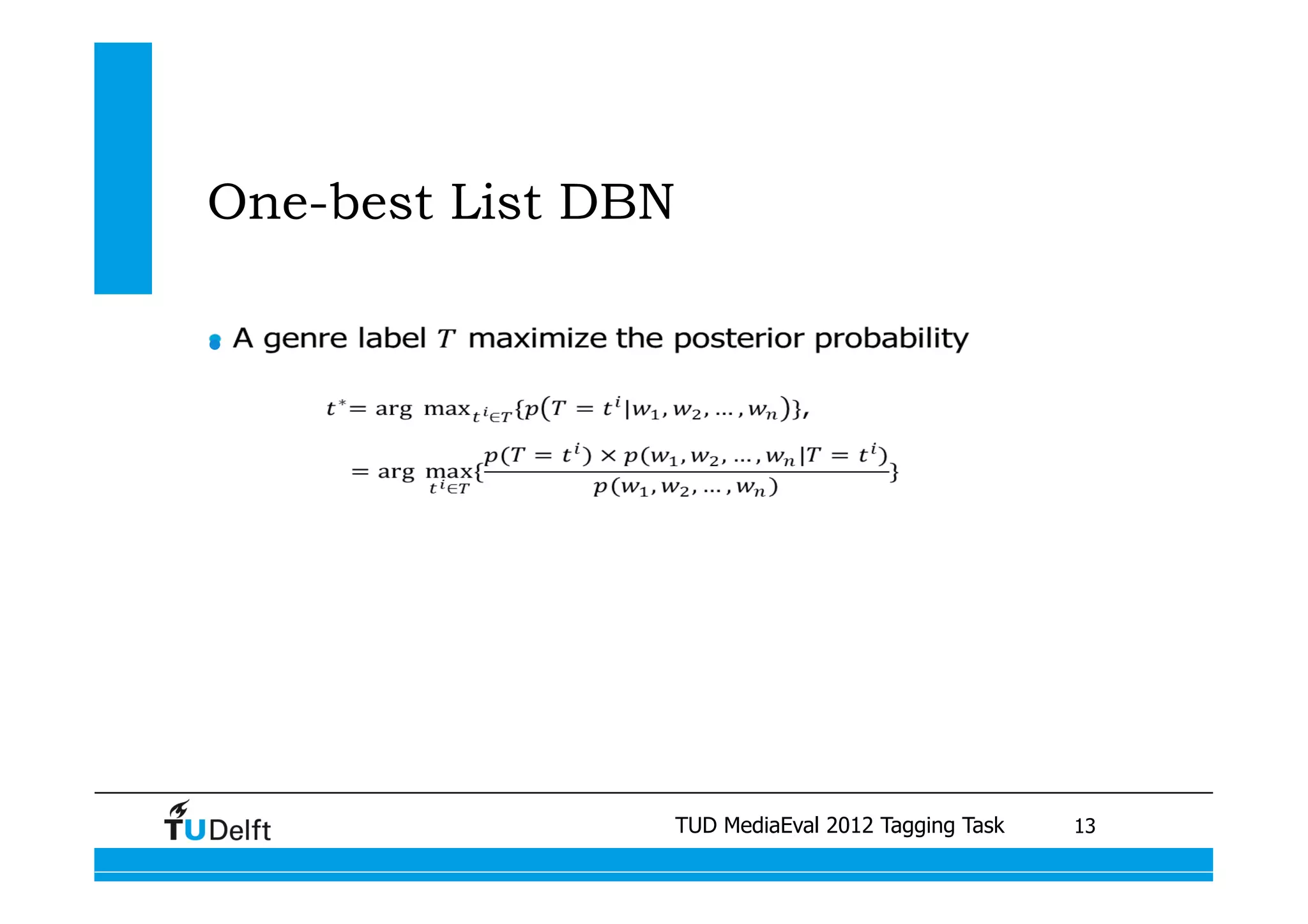 One-best List DBN

• 




                              TUD MediaEval 2012 Tagging Task
          Visual similarity measures for semantic video retrieval 	
   13
 
