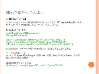 ȡäƤߤ褦
?

RFinanceYJ

թ`եʥ󥹤ȡä뤳ȤǤ롸RFinanceYJʹޤ
ߤ ƽ(yokkuns)󡣥ޥ˥奢Ϥ顣
RStudioʹޤ
install.packages(RFinanceYJ)
library(RFinanceYJ)
sony <- quoteStockTsData(6758.t, since=2013-01-01)
toyota <- quoteStockTsData(7203.t, since=2013-01-01)
nikkei_h <- quoteStockTsData(998407.O, since=2013-01-01)
head(sony) #ǩ`ΣФ餤뤳ȤǤ롣
ǩ`ζxӛ
date:ո openʼ height߂ low͂ closeK volume
adj_close{K

plot()vǥդ
plot(sony[,1],sony[,5],type="l",xlab="",ylab="K")

 