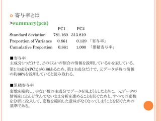 ʤȤ
>summary(pca)
?

PC1
Standard deviation

PC2

781.160 313.810

Proportion of Variance

0.861

0.139 ʡ

Cumulative Proportion

0.861

1.000 ۷eʡ


ɷ1ĤǡɤΤ餤θϤhƤ뤫Ƥ롣
1ɷ(PC1)0.86뤿ᡢ1ɷ֤ǡԪǩ`֤
μs86%hƤiȡ롣
۷e
ss٤ʤɷ֤ǥǩ`Ҋ褦ȤȤˡ Ԫǩ`
ۤȤɺǤʤޤ޷M뤳Ȥȡ٤ƤΉ
Ͷ뤷ơssζʤʤäƤޤȤ
ʤǤ롣

 