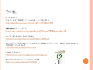 
ο
¤R򤤤äƤߤ裡ĤޤRνB
http://chujo.hatenablog.com/entry/2013/01/02/235405
?

RFinanceYJ ޥ˥奢
http://cran.r-project.org/web/packages/RFinanceYJ/RFinanceYJ.pdf
Ϥ褦ɷַ
http://www.slideshare.net/sanoche16/tokyor31-22291701
`ҩ`Ρ꡹ζΥǩ`¤uS߳ˤϣ ExcelvSС
ЂȹХ٥ȥ
http://markezine.jp/article/detail/17158
Chap5 ɷַ
http://www.msi.co.jp/splus/splusrescue/princomp.html
Rѧ֥ǩ`ޥ˥󥰡2ߥ`
http://www.amazon.co.jp/dp/4274067475

 
