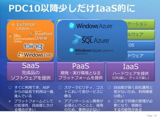 PDC10以降少しだけIaaS的に
 ゕプリケーション       ゕプリケーション         ゕプリケーション

  ミドルウェゕ         ミドルウェゕ           ミドルウェゕ

     OS             OS               OS

  ハードウェゕ         ハードウェゕ           ハードウェゕ

    SaaS          PaaS             IaaS
  完成品の         開発・実行環境となる       ハードウェゕを提供
ソフトウェゕを提供     プラットフォームを提供      （CPU貸し、デゖスク貸し）


○ すぐに利用でき、ASP  ○ スケーラビリテゖ、コス   ○ 自由度が高く自社運用と
  からの延長で利用は一番、   トにおいて他サービスに     差がないため、利用障壁
  進んでいる          勝る              は低い
× プラットフォームとして × ゕプリケーション開発が    × これまで同様の管理が必
  の拡張性、自由度に欠け    必須ということと、後発     要になり、煩雑化
  る場合が多い         のため、事例は少ない      する可能性がある
                                           Page 19
 