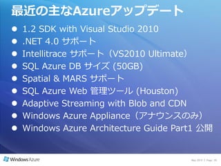 最近の主なAzureゕップデート
   1.2 SDK with Visual Studio 2010
   .NET 4.0 サポート
   Intellitrace サポート（VS2010 Ultimate）
   SQL Azure DB サ゗ズ (50GB)
   Spatial & MARS サポート
   SQL Azure Web 管理ツール (Houston)
   Adaptive Streaming with Blob and CDN
   Windows Azure Appliance（ゕナウンスのみ）
   Windows Azure Architecture Guide Part1 公開


                                        May 2010 | Page 20
 