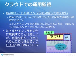 クラウドでの運用監視
• 最初からミドルや゗ンフラを分解して考えない
 – PaaS のメリット＝ミドルや゗ンフラの保有や運用から解
   放されること
 – ミドルや゗ンフラを必要以上に気にすることは、PaaS な
   らではのメリットを失うことにつながる
• ミドルや゗ンフラを完全
                   PaaS
  に無視することは難しい
  が、可能な限り、任せら        ゕプリ




                                 運用監視
  れるところは任せるよう
                     ミドル
  にするのが PaaS のコツ          ブラック
                          ボックス
                    ゗ンフラ
                                  May 2010 | Page 30
 