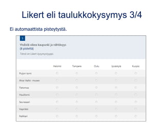 Likert eli taulukkokysymys 3/4
Ei automaattista pisteytystä.
 