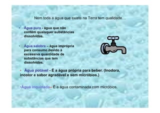 Nem toda a água que existe na Terra tem qualidade…
• Água pura - água que não
contém quaisquer substâncias
dissolvidas.
• Água salobra – água imprópria
para consumo devido à
excessiva quantidade de
substâncias que temsubstâncias que tem
dissolvidas.
• Água potável - É a água própria para beber. (Inodora,
incolor e sabor agradável e sem micróbios.)
•Água inquinada– É a água contaminada com micróbios.
 