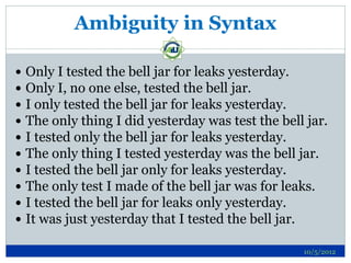 Ambiguity in Syntax

   Only I tested the bell jar for leaks yesterday.
   Only I, no one else, tested the bell jar.
   I only tested the bell jar for leaks yesterday.
   The only thing I did yesterday was test the bell jar.
   I tested only the bell jar for leaks yesterday.
   The only thing I tested yesterday was the bell jar.
   I tested the bell jar only for leaks yesterday.
   The only test I made of the bell jar was for leaks.
   I tested the bell jar for leaks only yesterday.
   It was just yesterday that I tested the bell jar.

                                                    10/5/2012
 