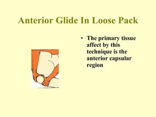 Anterior Glide In Loose Pack The primary tissue affect by this technique is the anterior capsular region 
