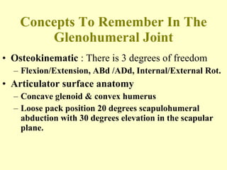 Concepts To Remember In The Glenohumeral Joint Osteokinematic  : There is 3 degrees of freedom Flexion/Extension, ABd /ADd, Internal/External Rot. Articulator surface anatomy Concave glenoid & convex humerus Loose pack position 20 degrees scapulohumeral abduction with 30 degrees elevation in the scapular plane. 