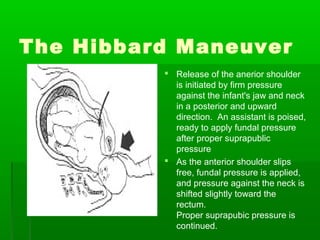 The Hibbard Maneuver
           Release of the anerior shoulder
            is initiated by firm pressure
            against the infant's jaw and neck
            in a posterior and upward
            direction. An assistant is poised,
            ready to apply fundal pressure
            after proper suprapublic
            pressure
           As the anterior shoulder slips
            free, fundal pressure is applied,
            and pressure against the neck is
            shifted slightly toward the
            rectum.
            Proper suprapubic pressure is
            continued.
 