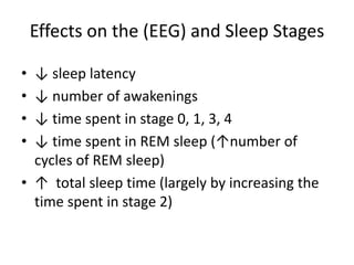Effects on the (EEG) and Sleep Stages
• ↓ sleep latency
• ↓ number of awakenings
• ↓ time spent in stage 0, 1, 3, 4
• ↓ time spent in REM sleep (↑number of
cycles of REM sleep)
• ↑ total sleep time (largely by increasing the
time spent in stage 2)
 