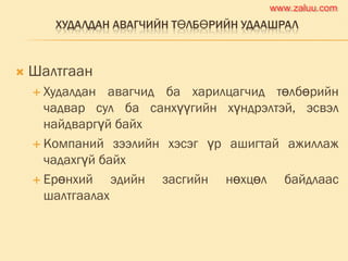 ХУДАЛДАН АВАГЧИЙН ТӨЛБӨРИЙН УДААШРАЛ
 Шалтгаан
 Худалдан авагчид ба харилцагчид төлбөрийн
чадвар сул ба санхүүгийн хүндрэлтэй, эсвэл
найдваргүй байх
 Компаний зээлийн хэсэг үр ашигтай ажиллаж
чадахгүй байх
 Ерөнхий эдийн засгийн нөхцөл байдлаас
шалтгаалах
www.zaluu.comwww.zaluu.com
 