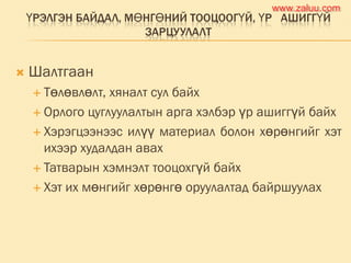 ҮРЭЛГЭН БАЙДАЛ, МӨНГӨНИЙ ТООЦООГҮЙ, ҮР АШИГГҮЙ
ЗАРЦУУЛАЛТ
 Шалтгаан
 Төлөвлөлт, хяналт сул байх
 Орлого цуглуулалтын арга хэлбэр үр ашиггүй байх
 Хэрэгцээнээс илүү материал болон хөрөнгийг хэт
ихээр худалдан авах
 Татварын хэмнэлт тооцохгүй байх
 Хэт их мөнгийг хөрөнгө оруулалтад байршуулах
www.zaluu.comwww.zaluu.com
 