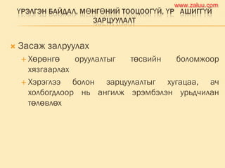 ҮРЭЛГЭН БАЙДАЛ, МӨНГӨНИЙ ТООЦООГҮЙ, ҮР АШИГГҮЙ
ЗАРЦУУЛАЛТ
 Засаж залруулах
 Хөрөнгө оруулалтыг төсвийн боломжоор
хязгаарлах
 Хэрэглээ болон зарцуулалтыг хугацаа, ач
холбогдлоор нь ангилж эрэмбэлэн урьдчилан
төлөвлөх
www.zaluu.comwww.zaluu.com
 