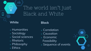 White
 Humanities
 Sociology
 Social sciences
 Rhetoric
 Philosophy
 Ethics
The world isn’t just
Black and White
Black
 Correlation
 Causation
 Economic
Feasibility
 Sequence of events
 